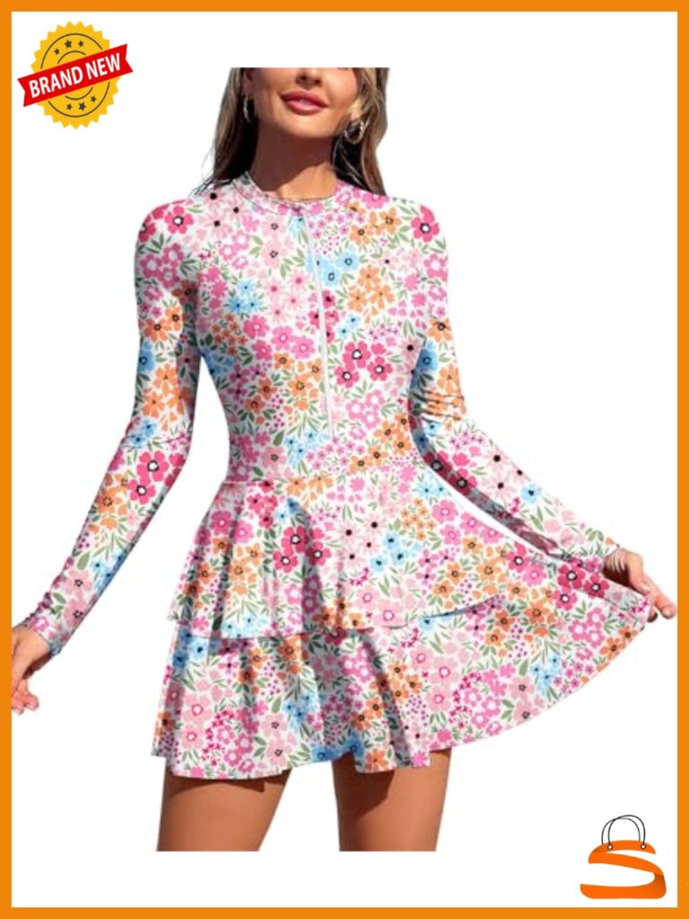 Women Long Sleeve One Piece Rash Guard Swim Dress Modest Bathing Suit